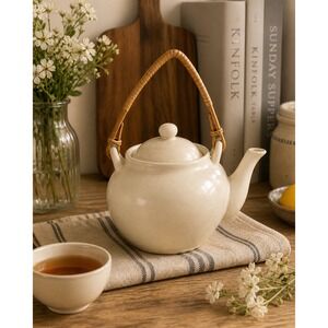 Pier 1 Sakai Bamboo Handle White Porcelain‎ Teapot